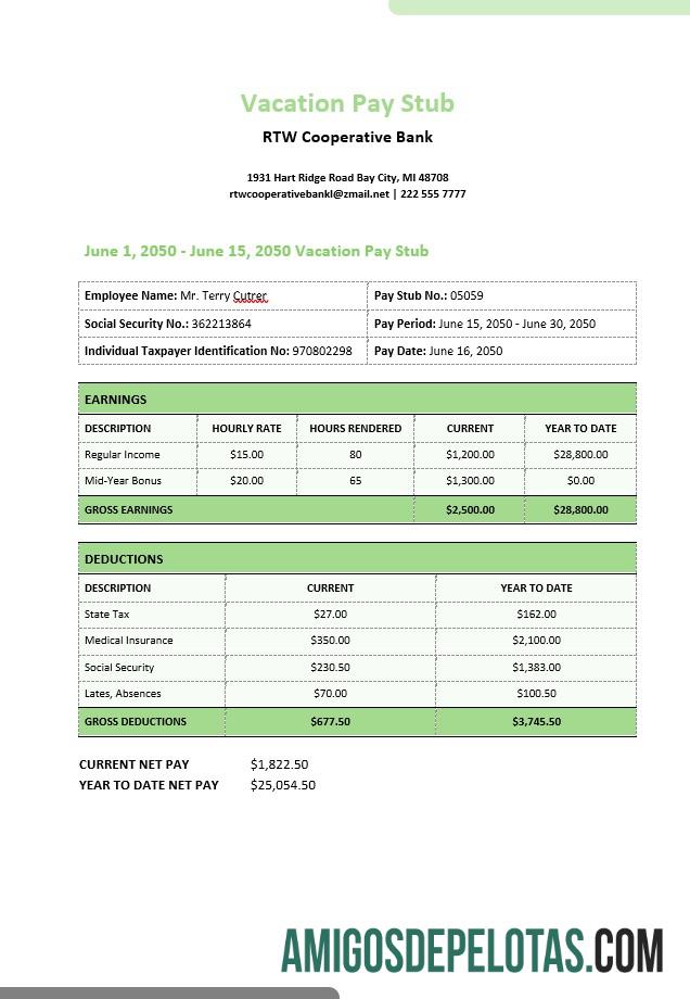 Recibo de pagamento de férias bancárias cooperativas RTW em formatos PDF e Word amostra